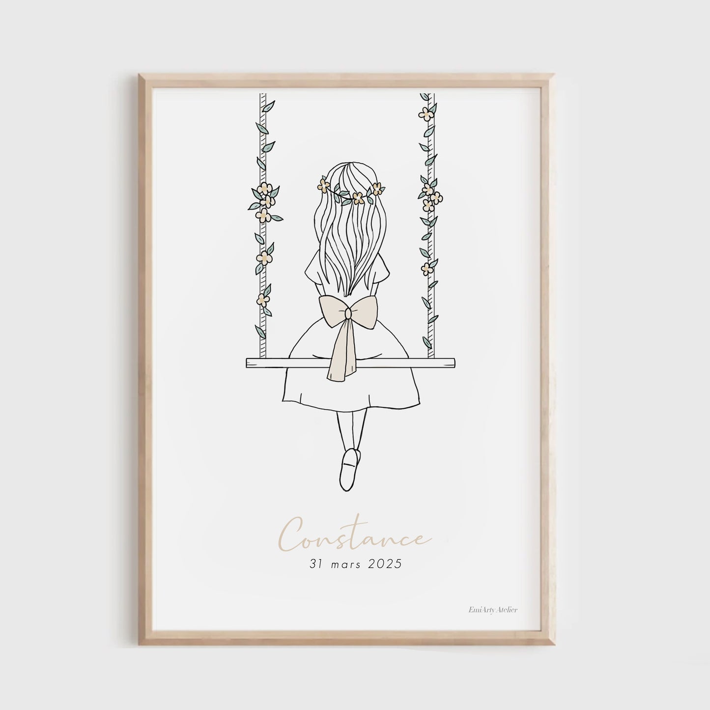 Affiche personnalisée fille sur balançoire – déco chambre enfant, cadeau de naissance