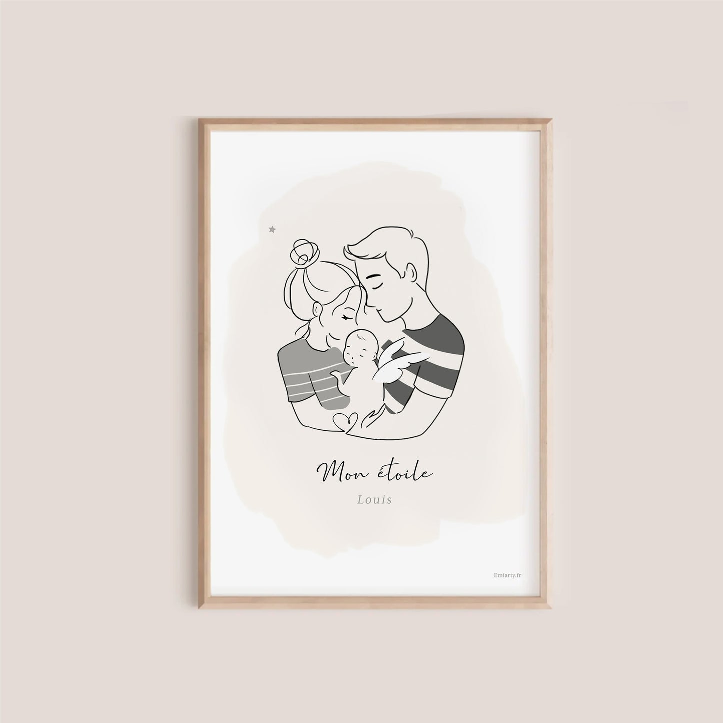 Affiche personnalisée "Mon Étoile" – Illustration famille et bébé ange