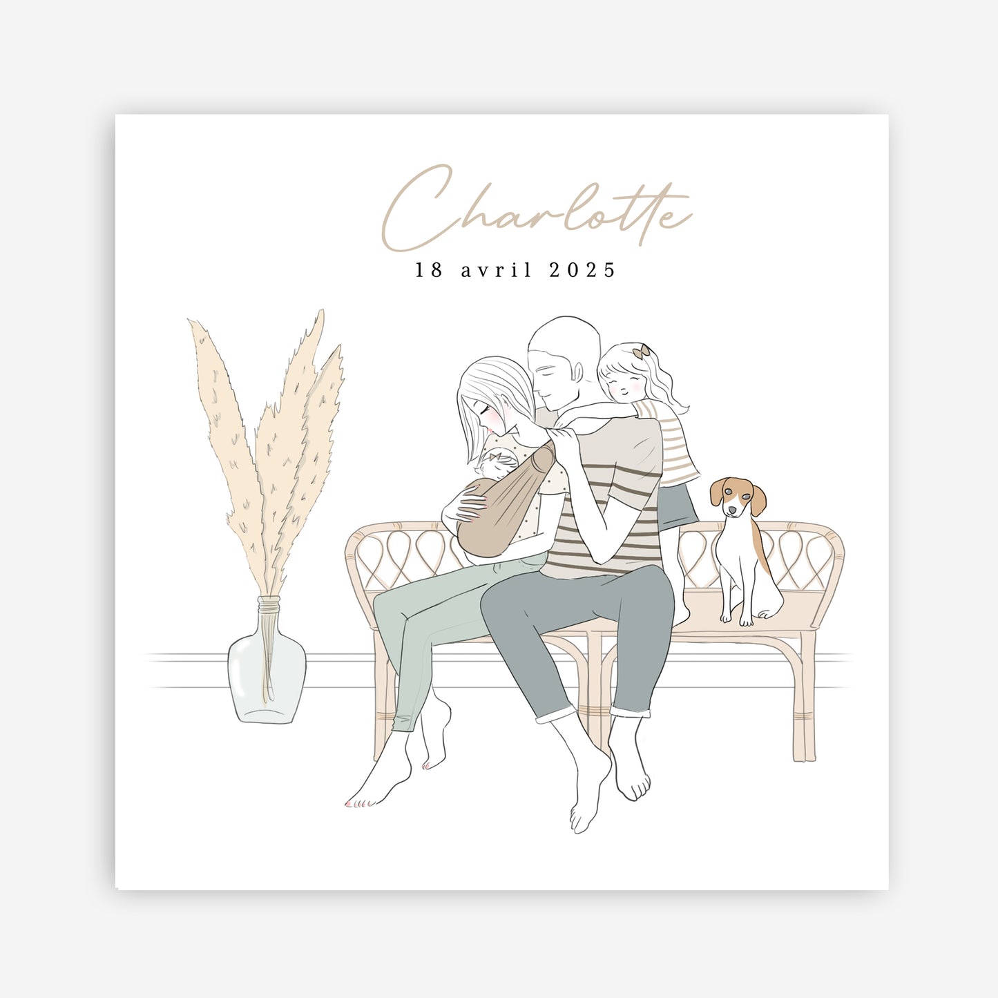Faire-part Naissance personnalisé "Famille sur Banc" – Illustration Unique d'après Photo