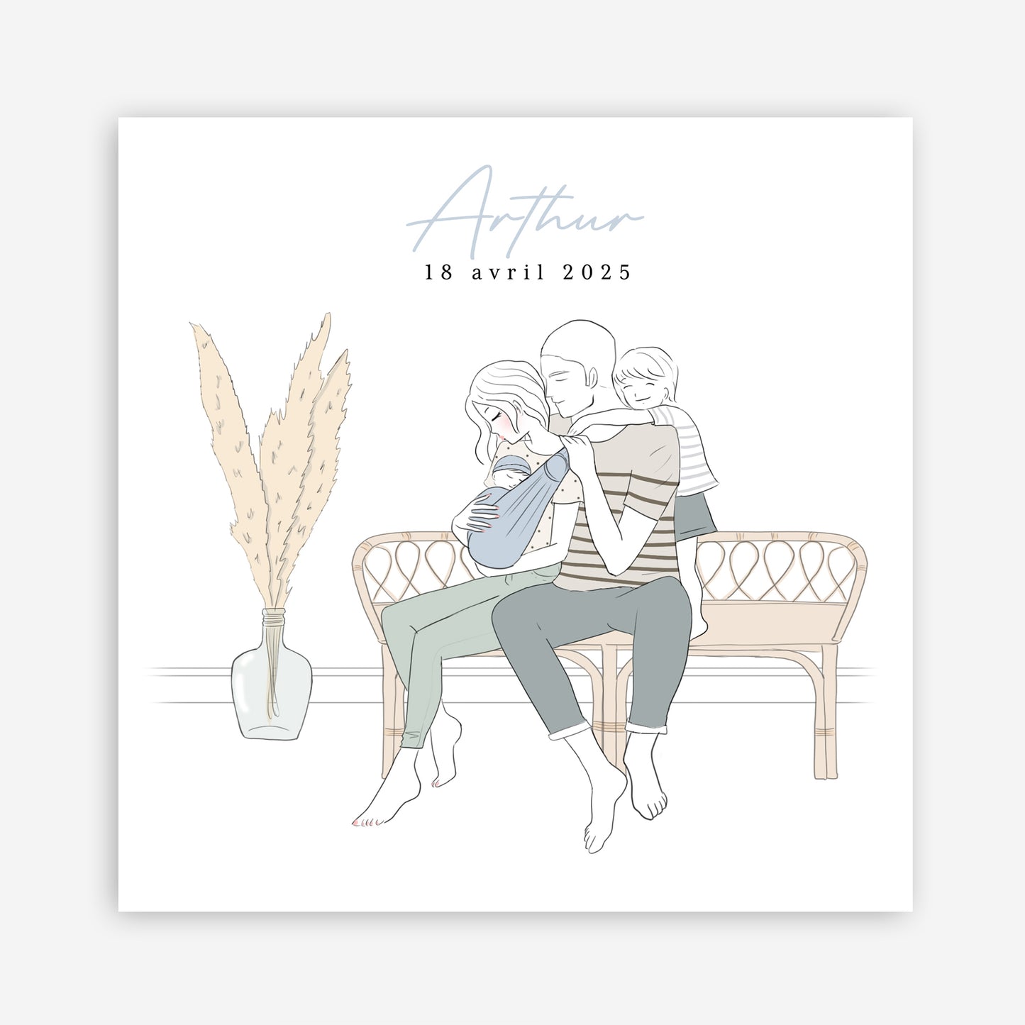 Faire-part Naissance personnalisé "Famille sur Banc" – Illustration Unique d'après Photo