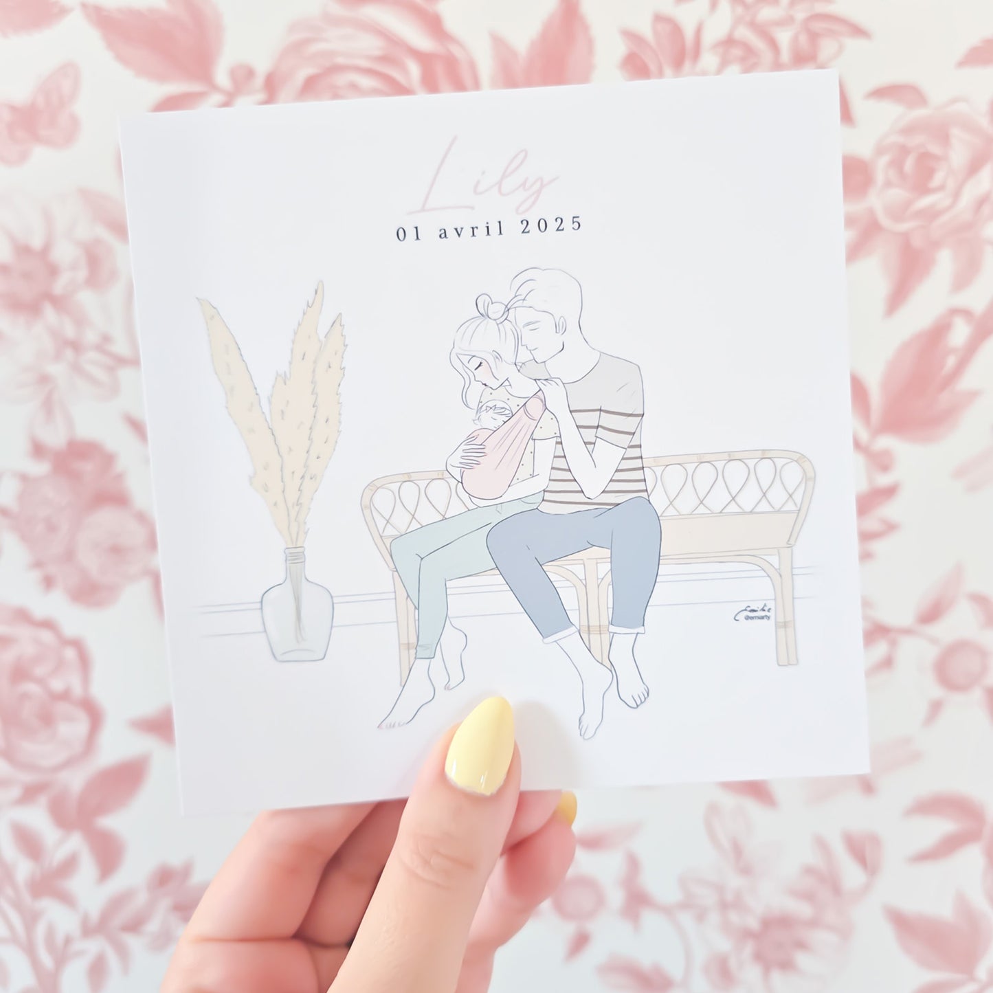 Faire-part Naissance personnalisé "Famille sur Banc" – Illustration Unique d'après Photo