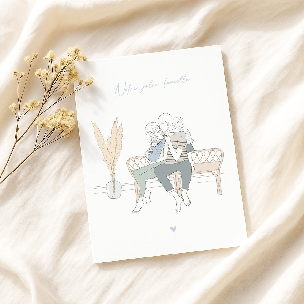 Affiche famille personnalisée sur banc – Illustration naissance unique d’après photo