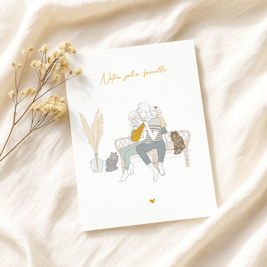 Affiche famille personnalisée sur banc – Illustration naissance unique d’après photo