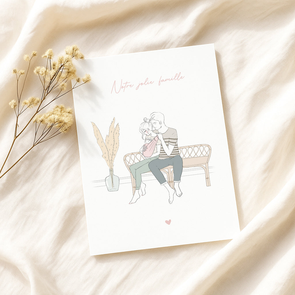 Affiche famille personnalisée sur banc – Illustration naissance unique d’après photo