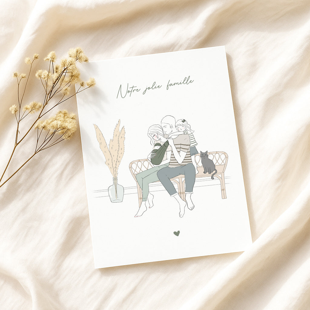 Affiche famille personnalisée sur banc – Illustration naissance unique d’après photo