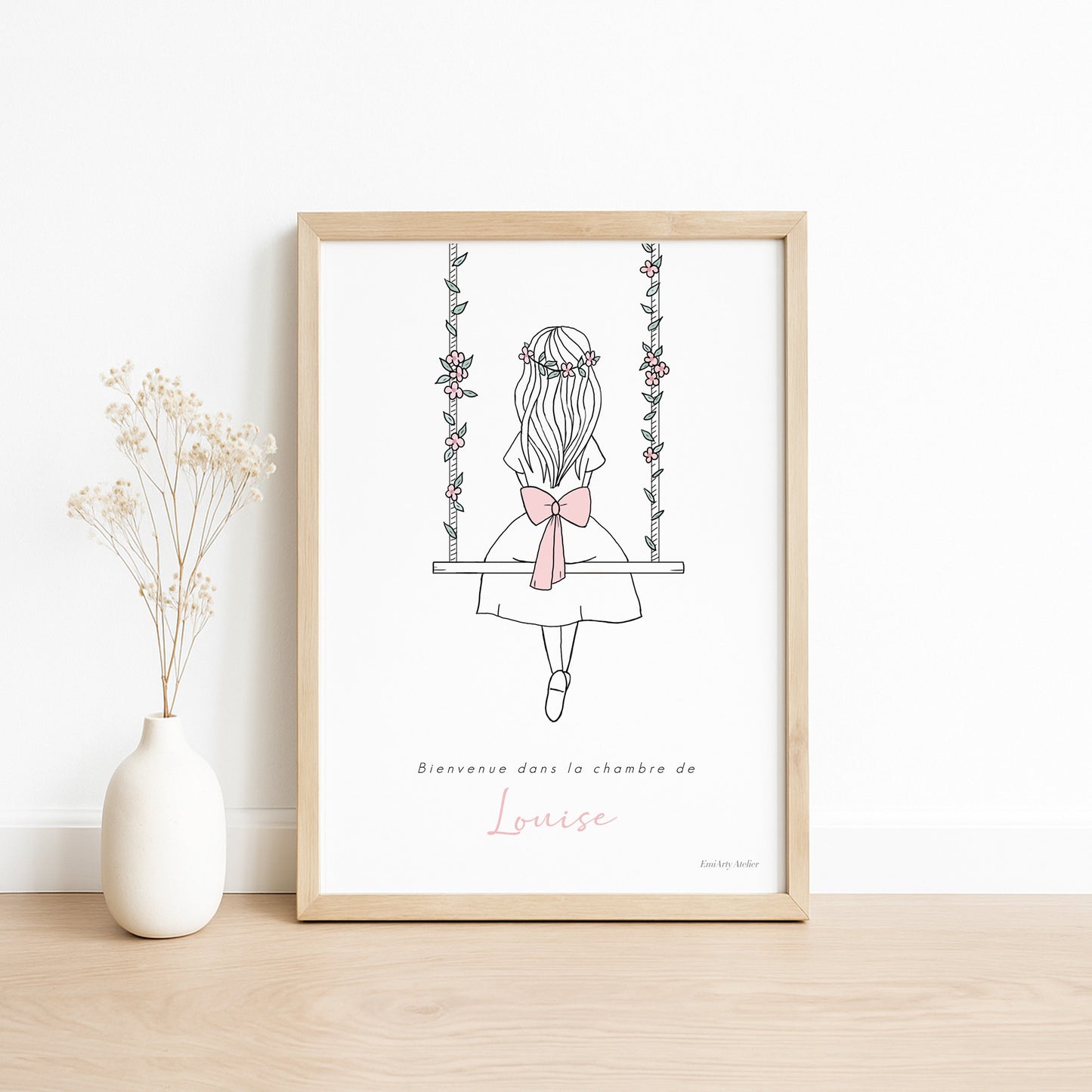 Affiche personnalisée fille sur balançoire – déco chambre enfant, cadeau de naissance