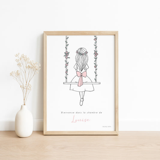 Affiche personnalisée fille sur balançoire – déco chambre enfant, cadeau de naissance