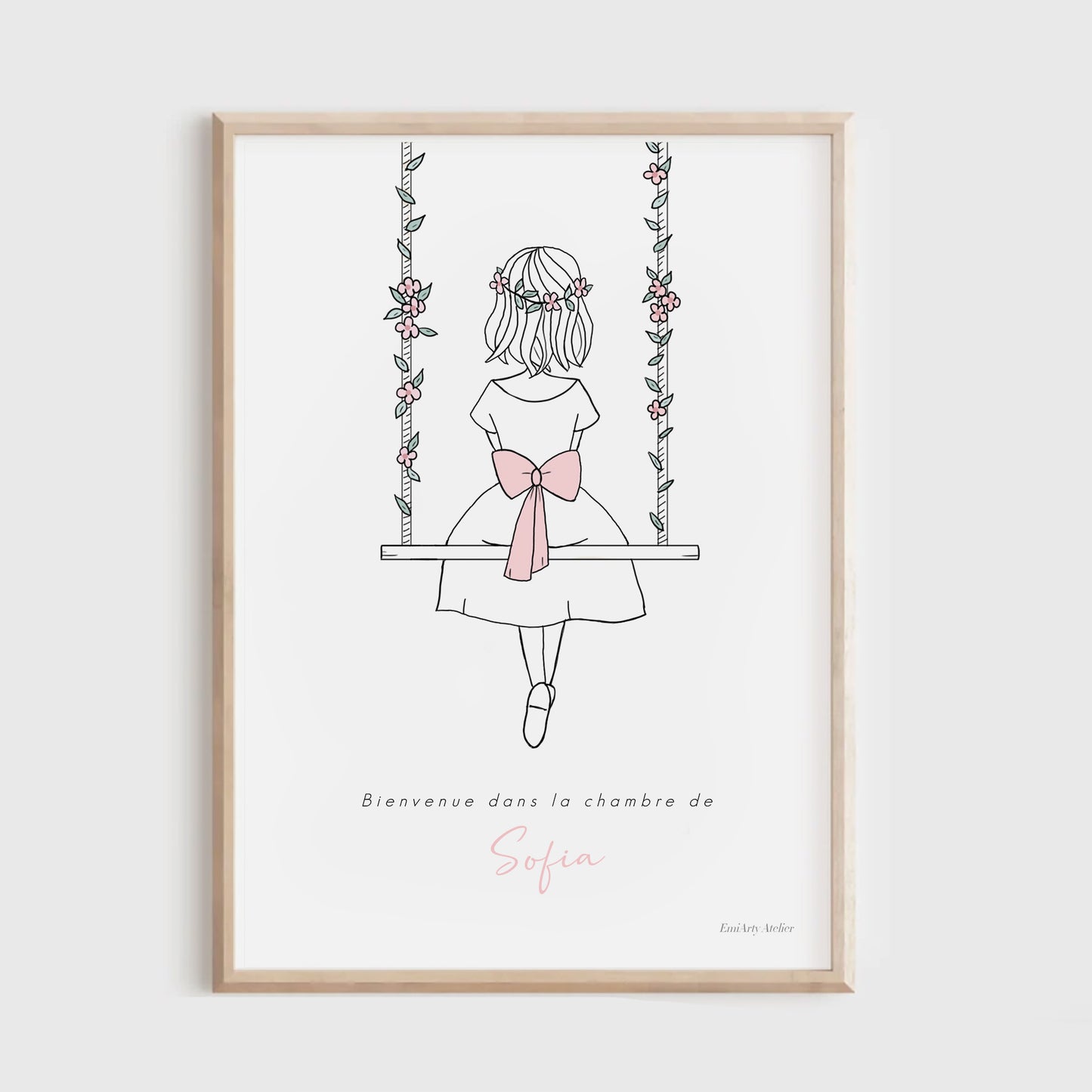 Affiche personnalisée fille sur balançoire – déco chambre enfant, cadeau de naissance