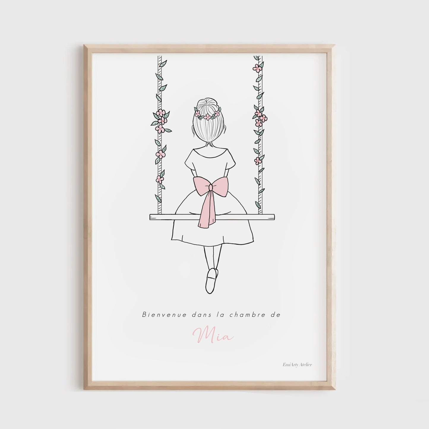Affiche personnalisée fille sur balançoire – déco chambre enfant, cadeau de naissance