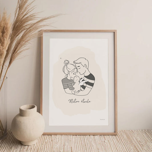 Affiche personnalisée "Mon Étoile" – Illustration famille et bébé ange
