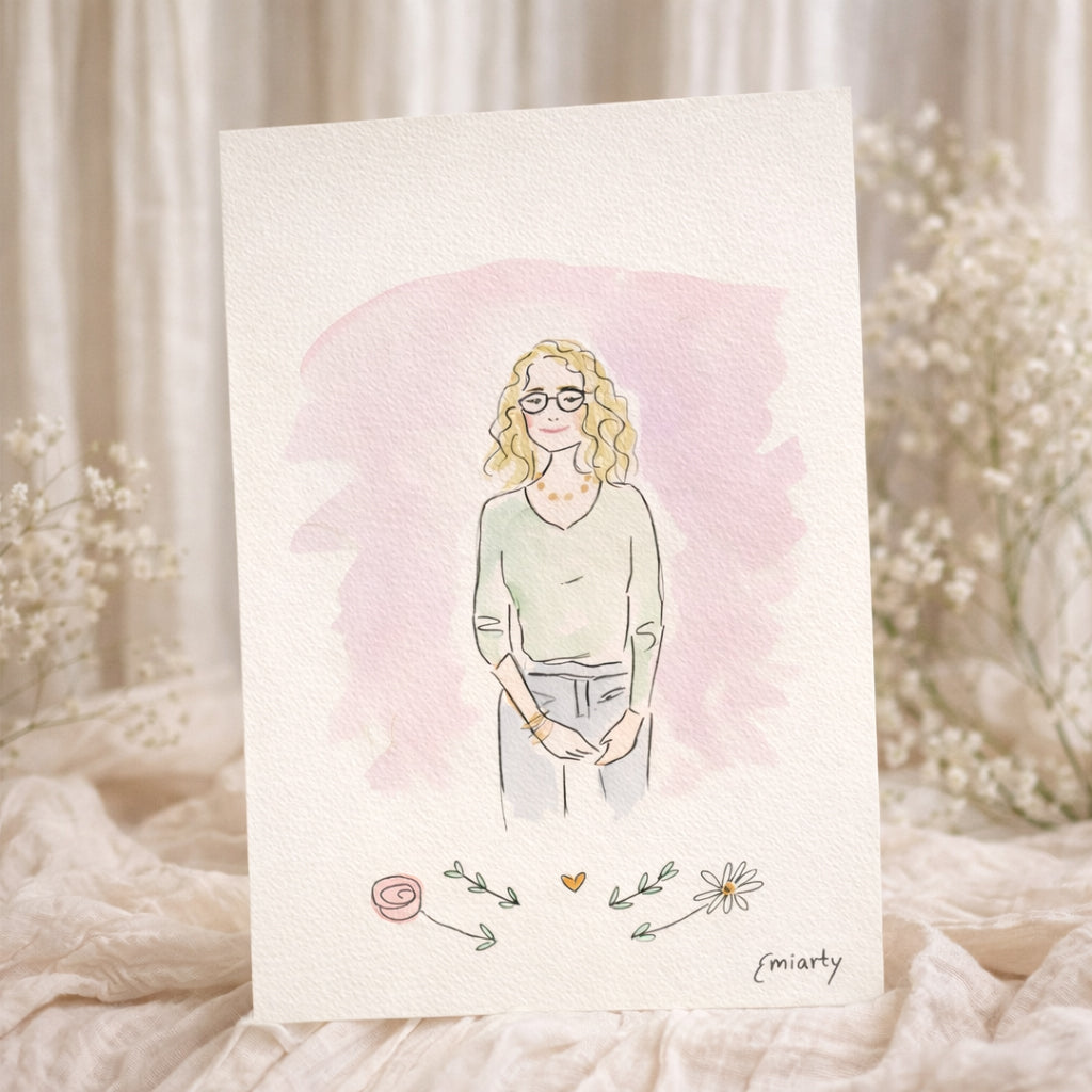 Portrait personnalisé à l’aquarelle – Format A5 – Portrait flash tête / buste d’après photo – Illustration faite main – 18€