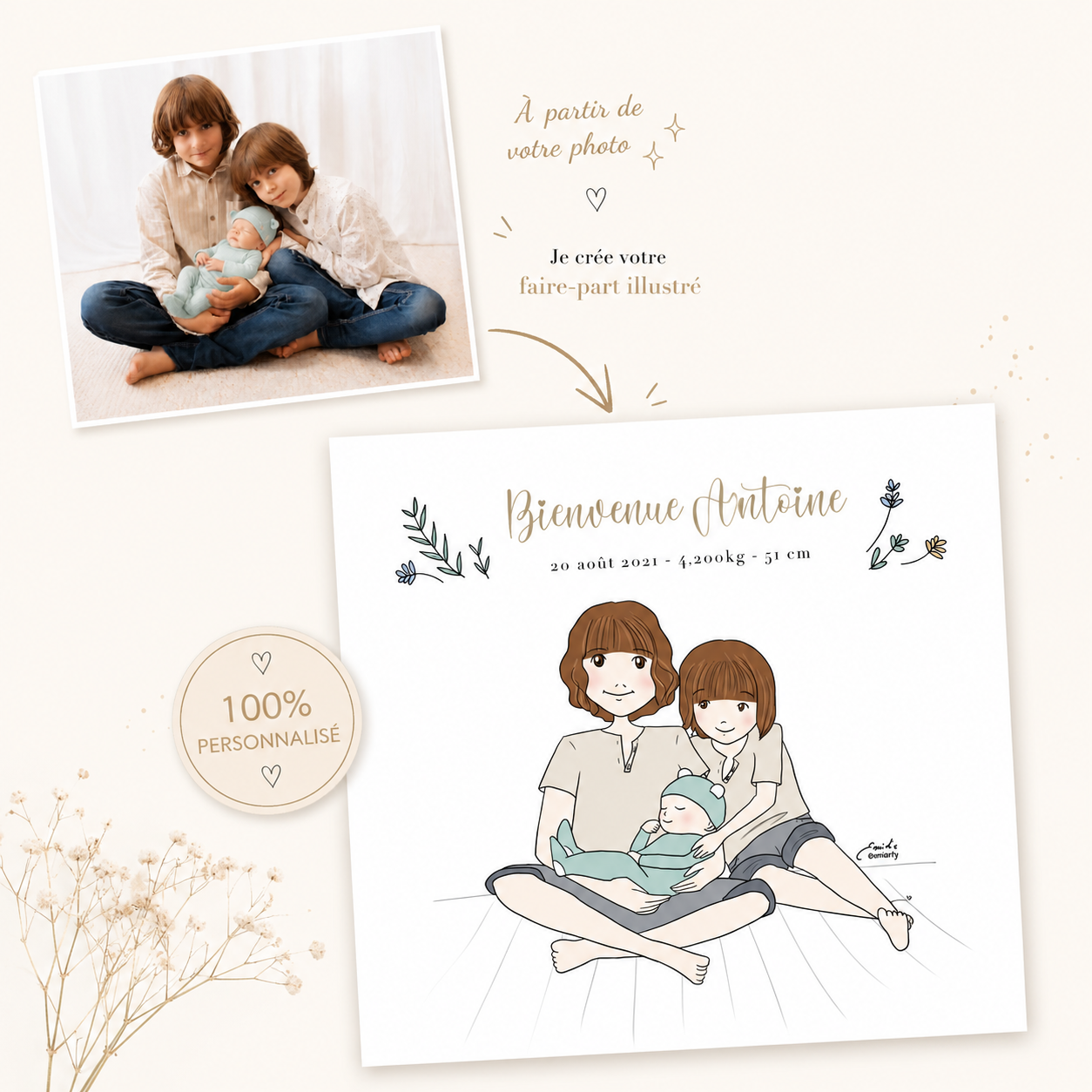 Faire-part naissance personnalisé illustré frère et sœur | Illustration d'après photo