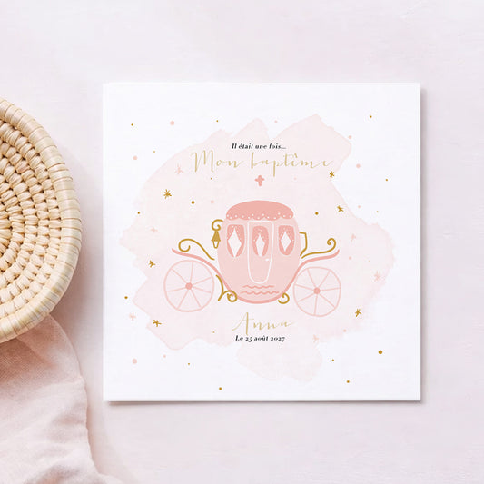 Faire-part de baptême princesse – Carrosse rose « Comme un conte de fées »