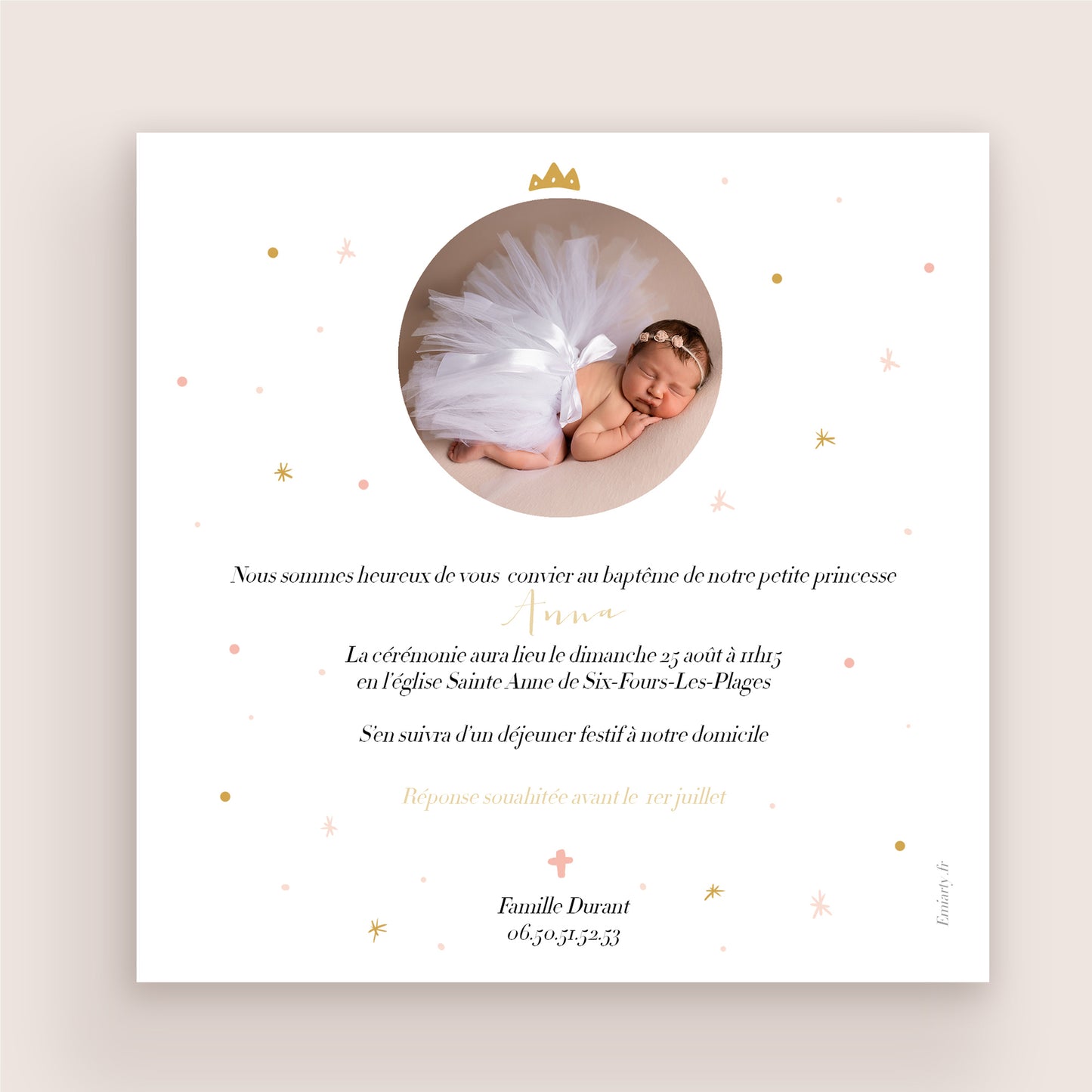 Faire-part de baptême princesse – Carrosse rose « Comme un conte de fées »