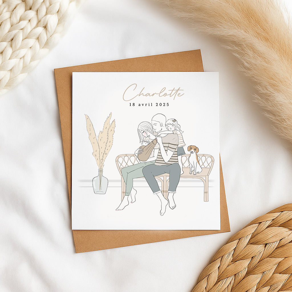 Faire-part Naissance  personnalisé "Famille sur Banc" – Illustration Unique d'après Photo