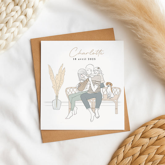 Faire-part Naissance  personnalisé "Famille sur Banc" – Illustration Unique d'après Photo