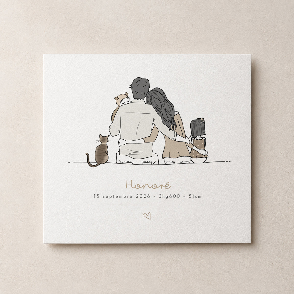 Faire-part de naissance personnalisé illustré – Famille de dos