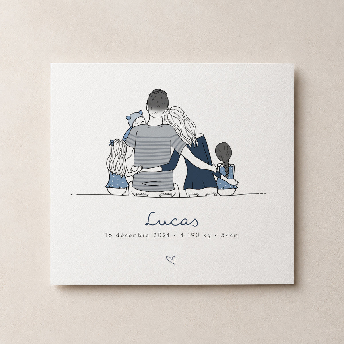 Exemple de faire-part de naissance personnalisé avec illustration de famille en bleu