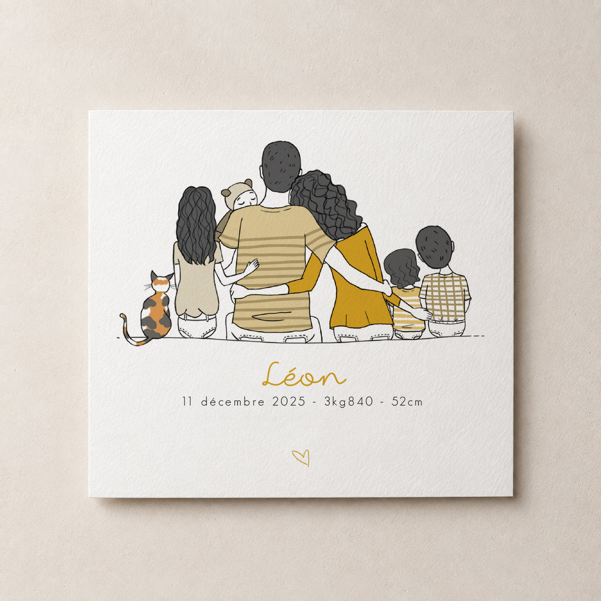 Exemple de faire-part de naissance personnalisé avec illustration de famille en ocre
