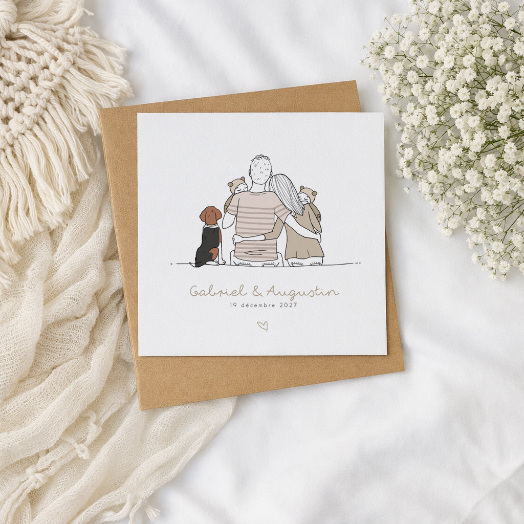 Faire-part naissance jumeaux personnalisé – Illustration famille de dos