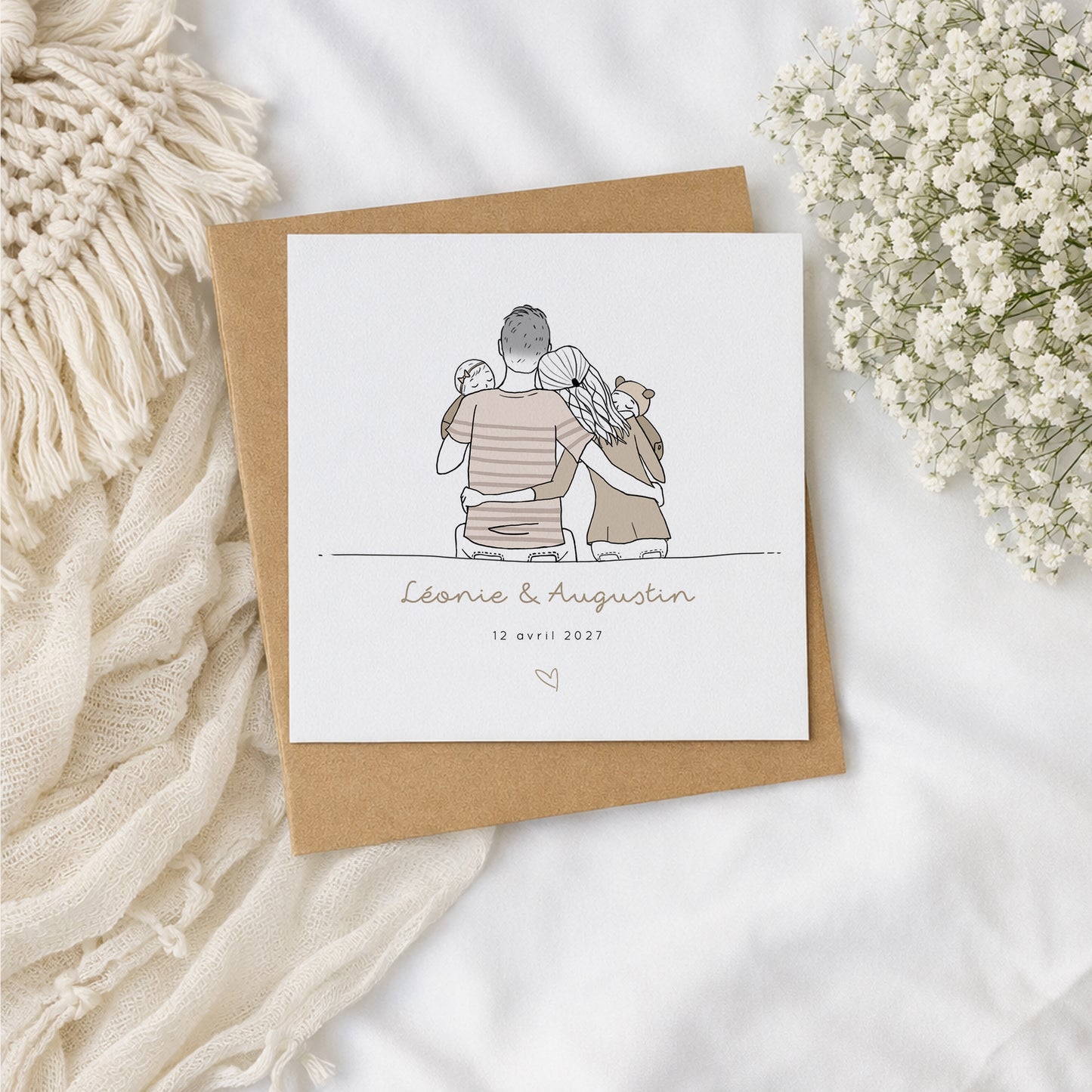 Faire-part naissance jumeaux personnalisé – Illustration famille de dos