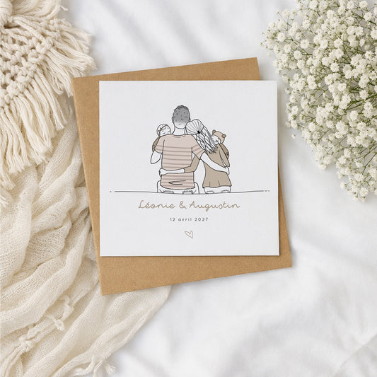 Faire-part naissance jumeaux personnalisé – Illustration famille de dos