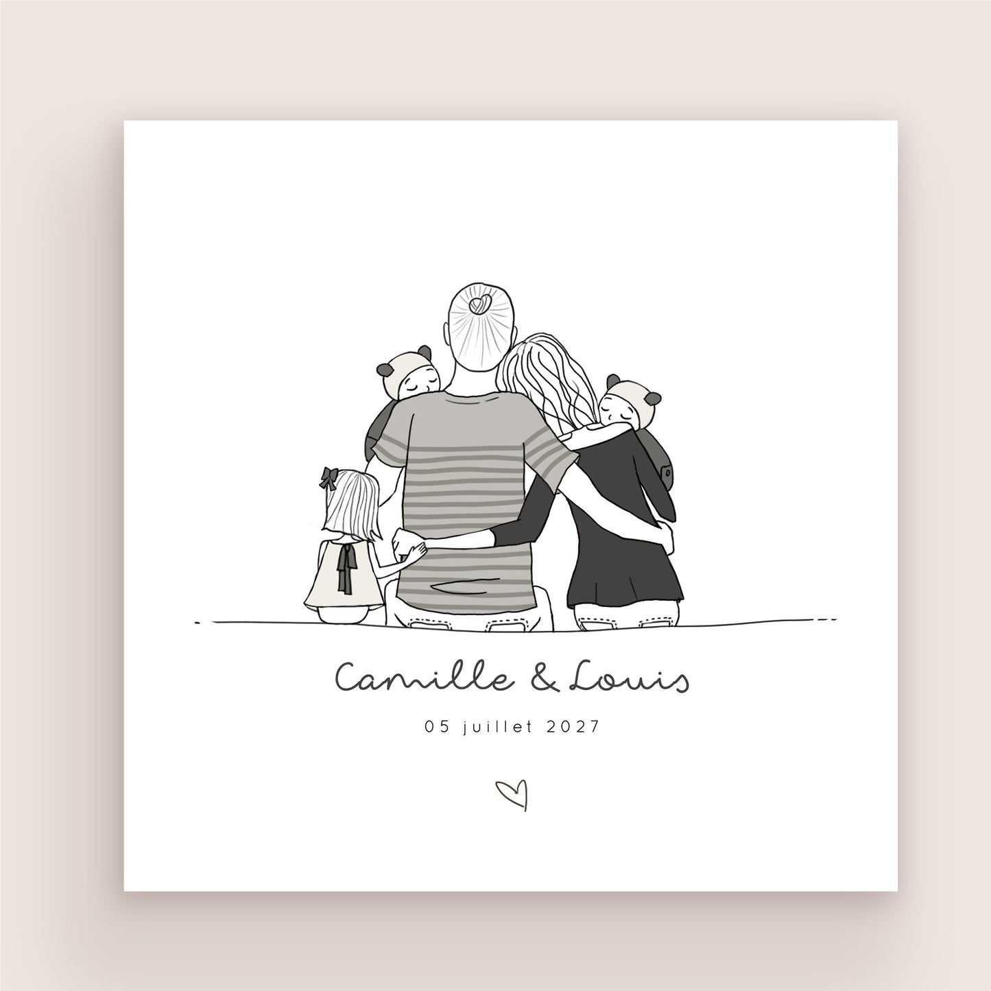 Faire-part naissance jumeaux personnalisé – Illustration famille de dos