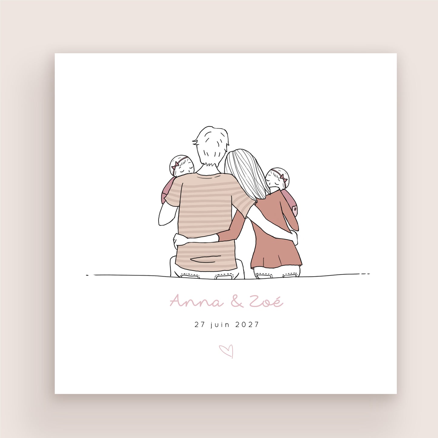Faire-part naissance jumeaux personnalisé – Illustration famille de dos