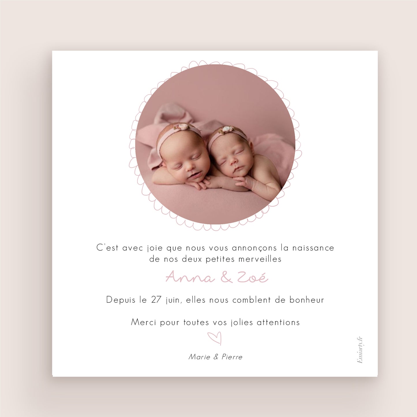 Faire-part naissance jumeaux personnalisé – Illustration famille de dos