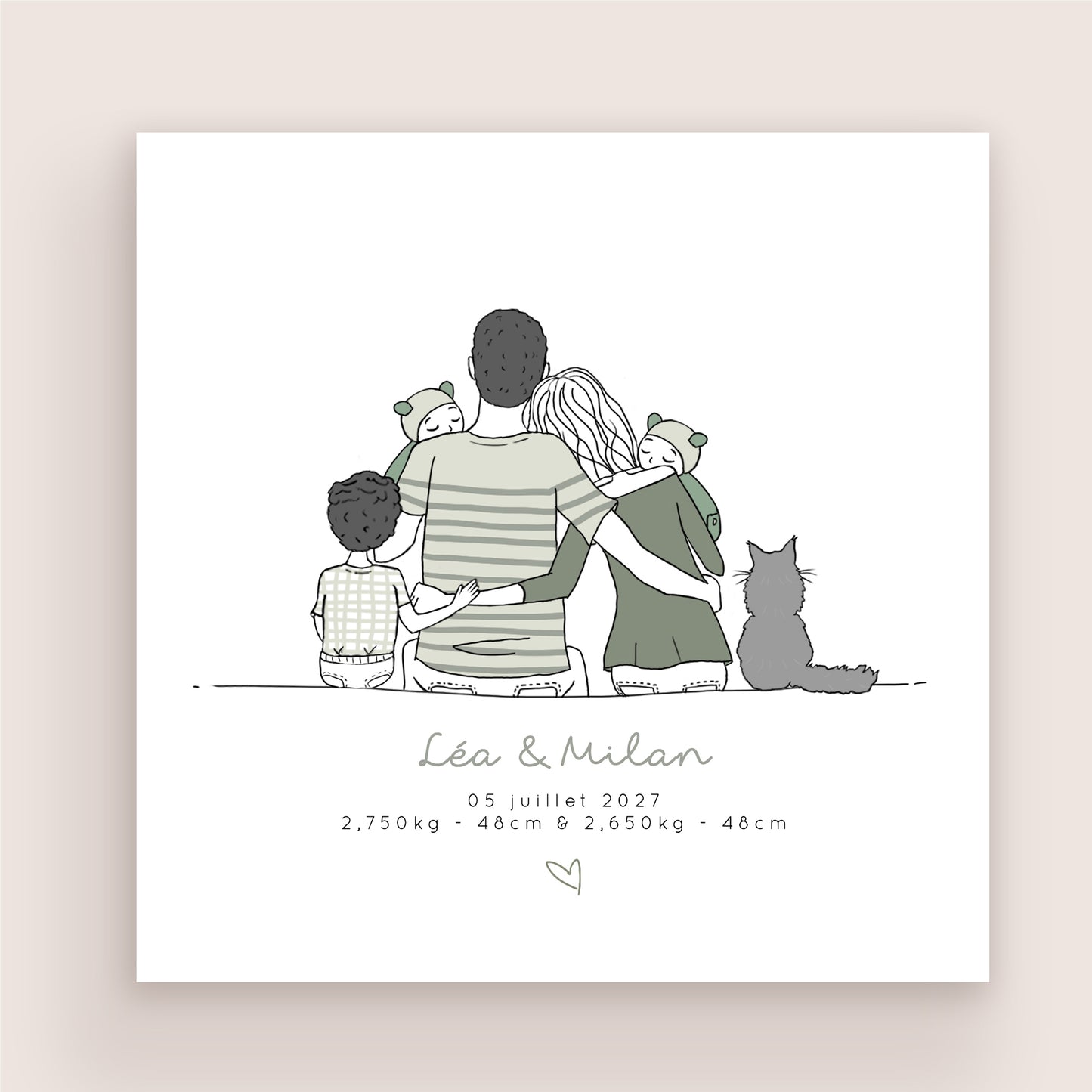 Faire-part naissance jumeaux personnalisé – Illustration famille de dos