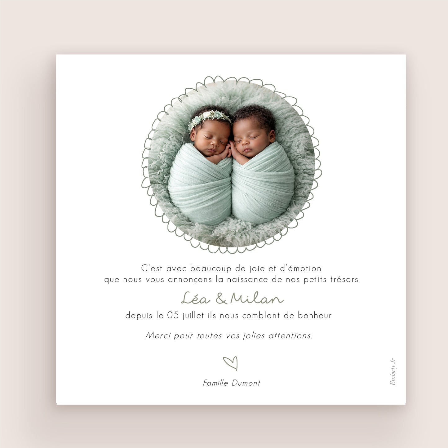 Faire-part naissance jumeaux personnalisé – Illustration famille de dos