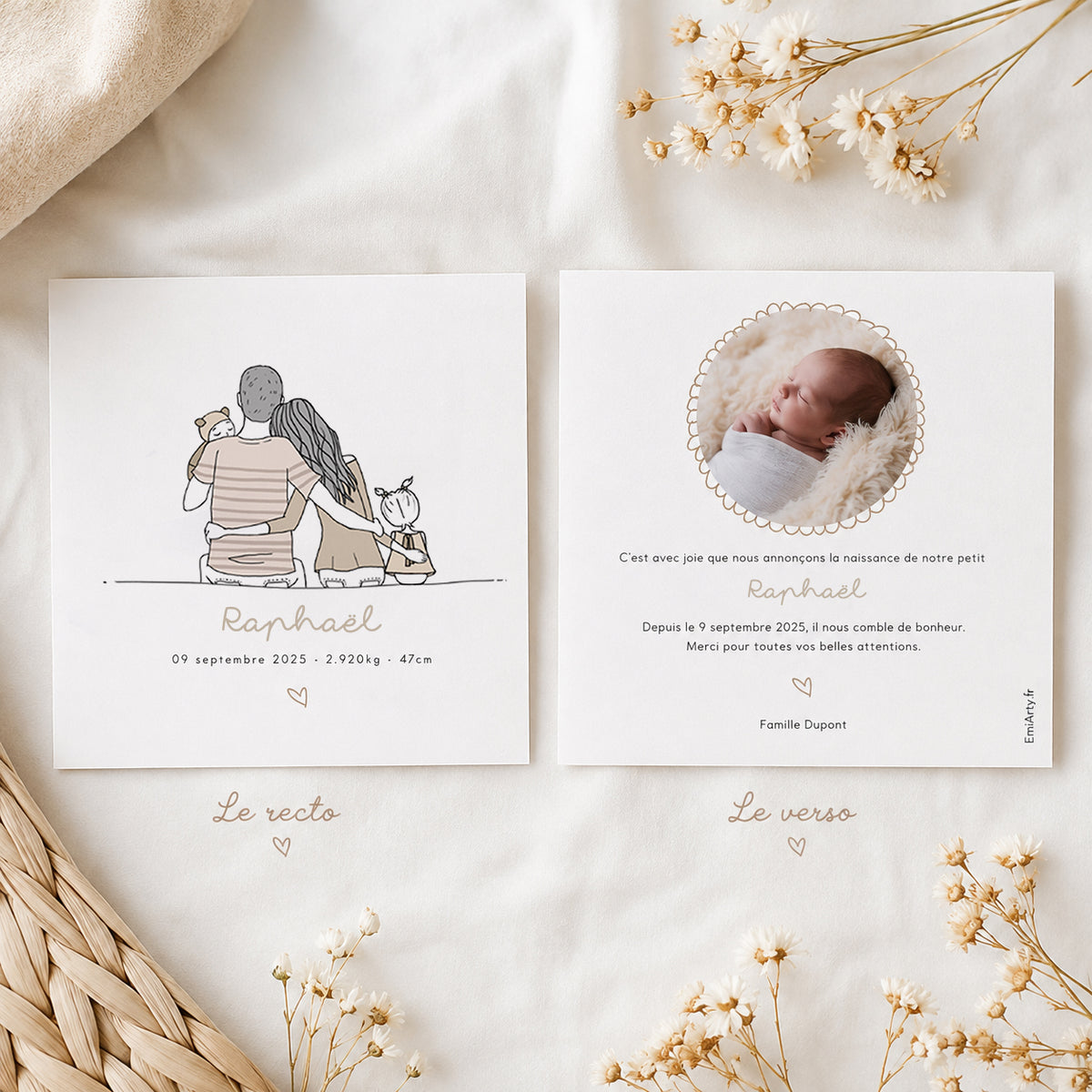 Recto verso du faire-part de naissance personnalisé famille de dos