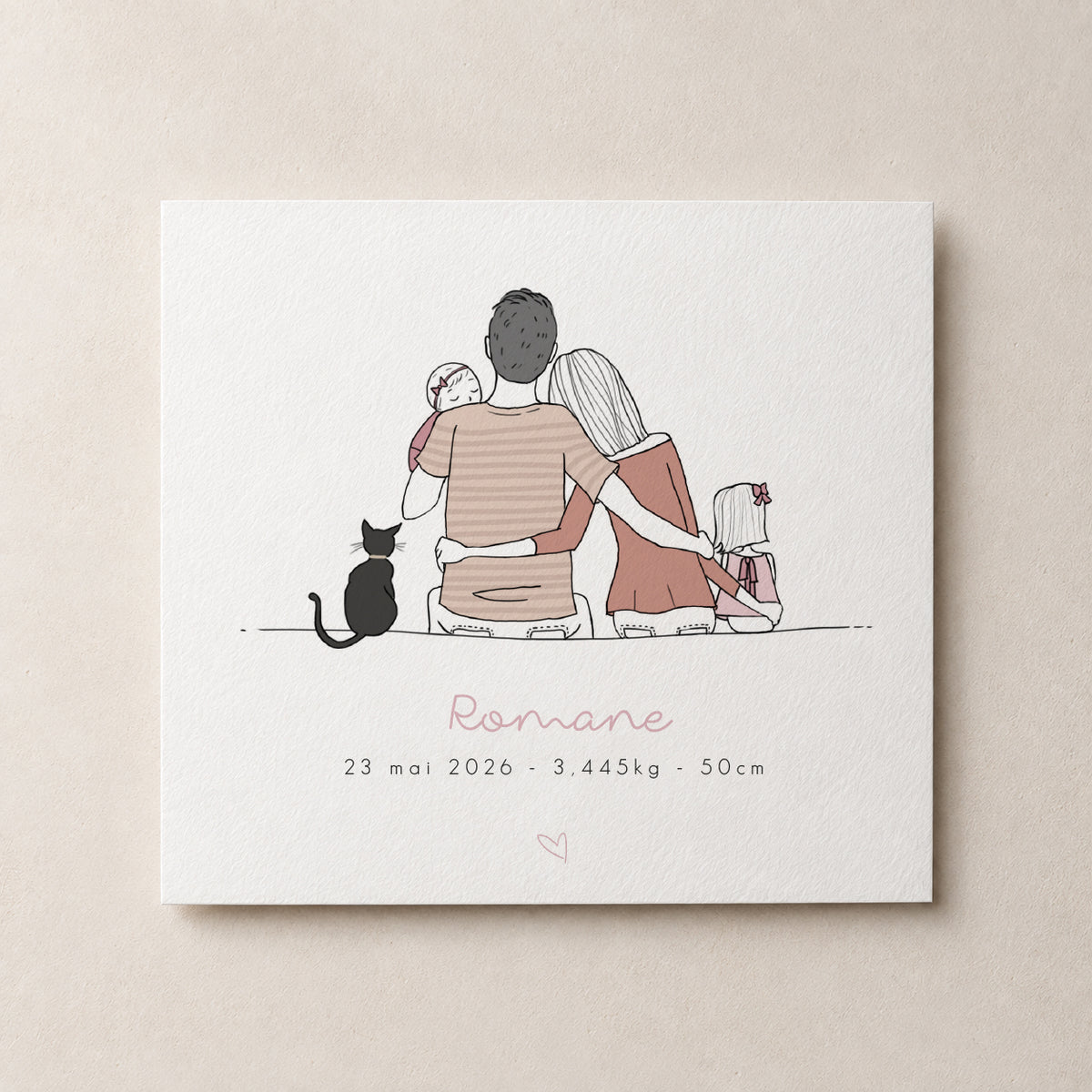 Exemple de faire-part de naissance personnalisé avec illustration de famille en rose