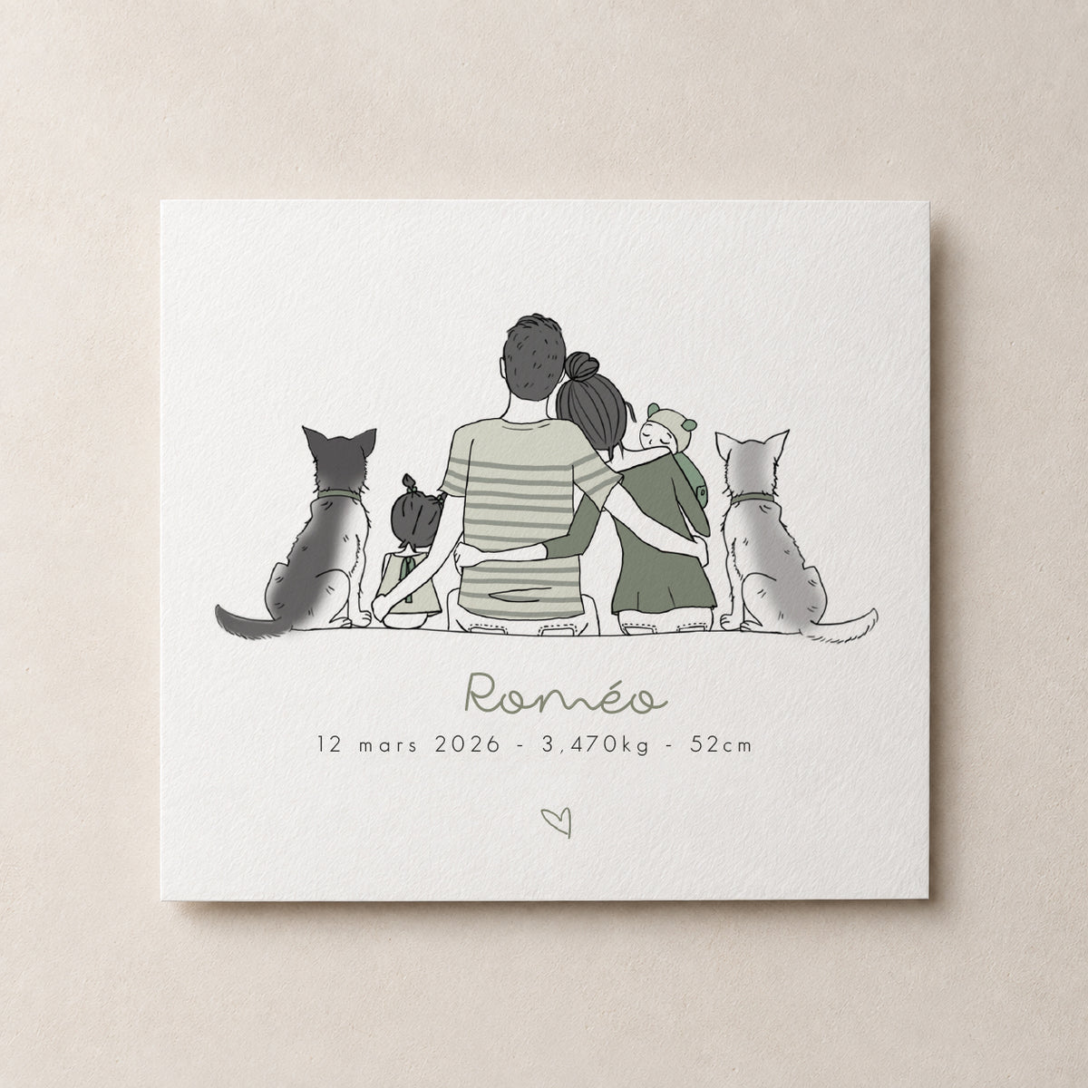 Exemple de faire-part de naissance personnalisé avec illustration de famille en vert sauge