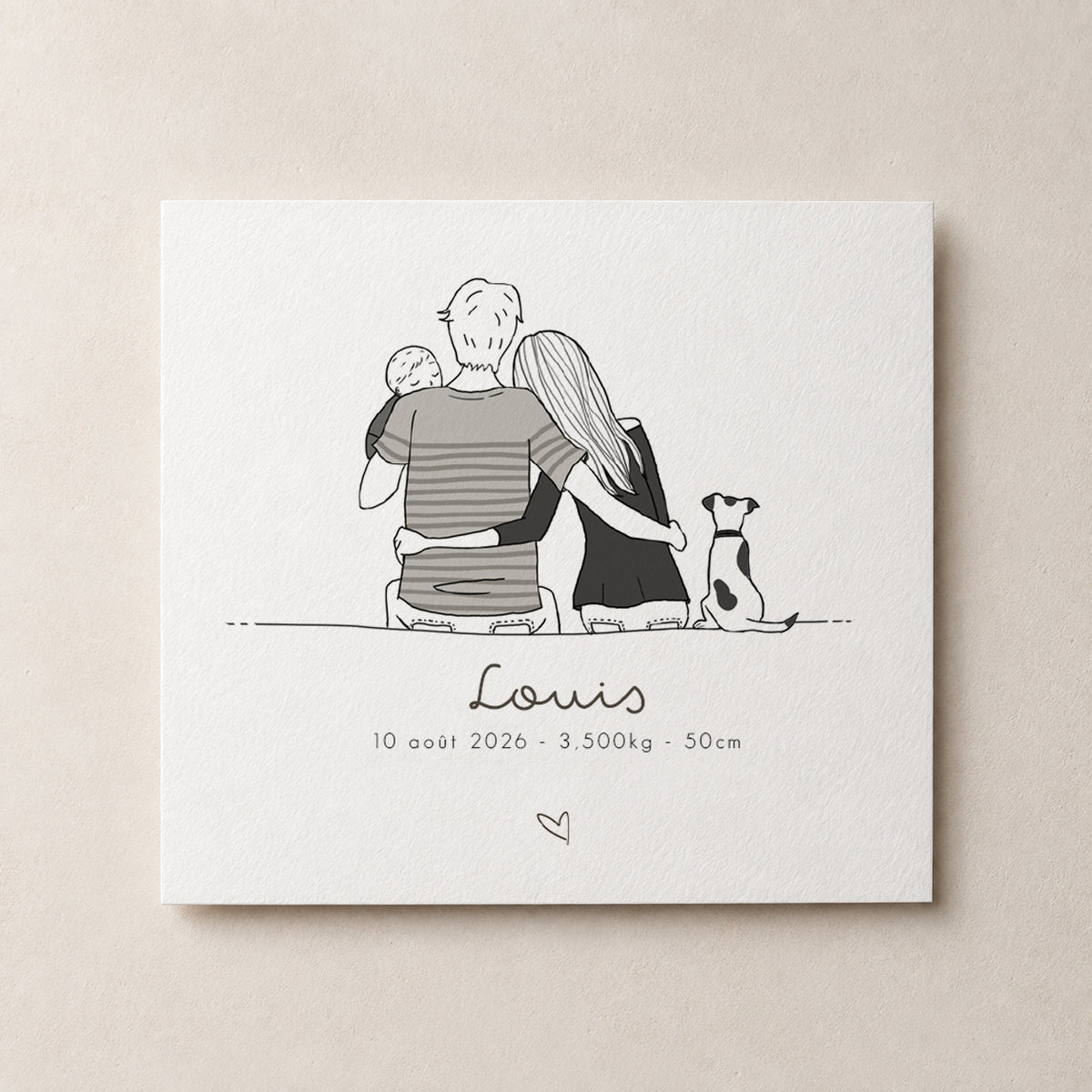 Exemple de faire-part de naissance personnalisé avec illustration de famille en noir