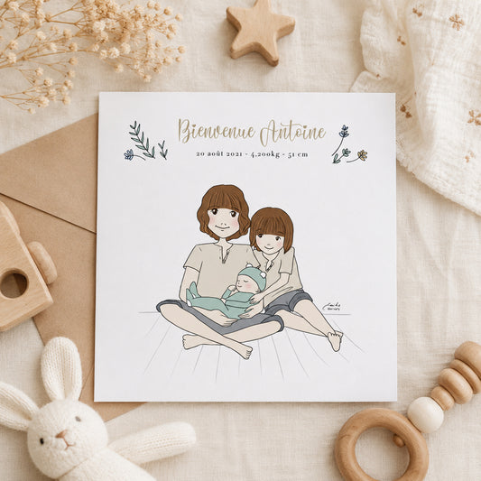 Faire-part naissance personnalisé illustré frère et sœur | Illustration d'après photo