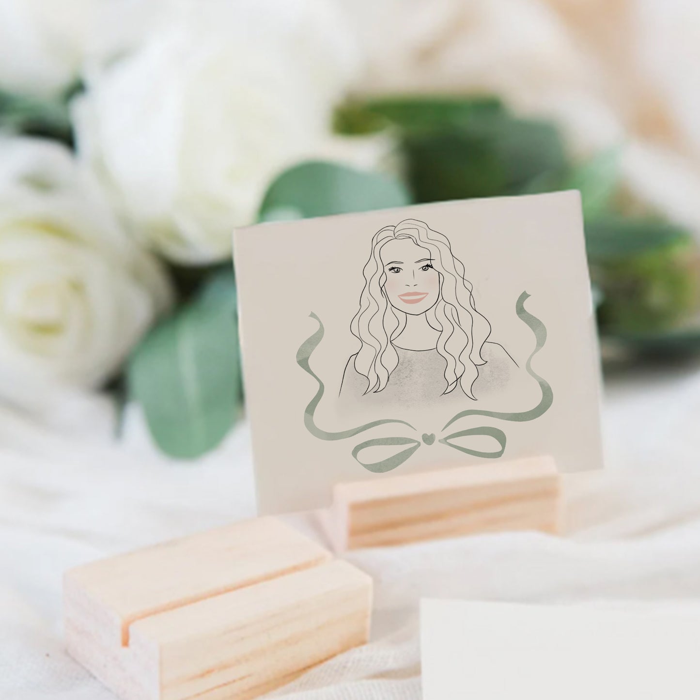 Portrait personnalisé marque-place Noël – Mini illustration 9x9 cm en noir et blanc – Décoration de table festive – Cadeau invité