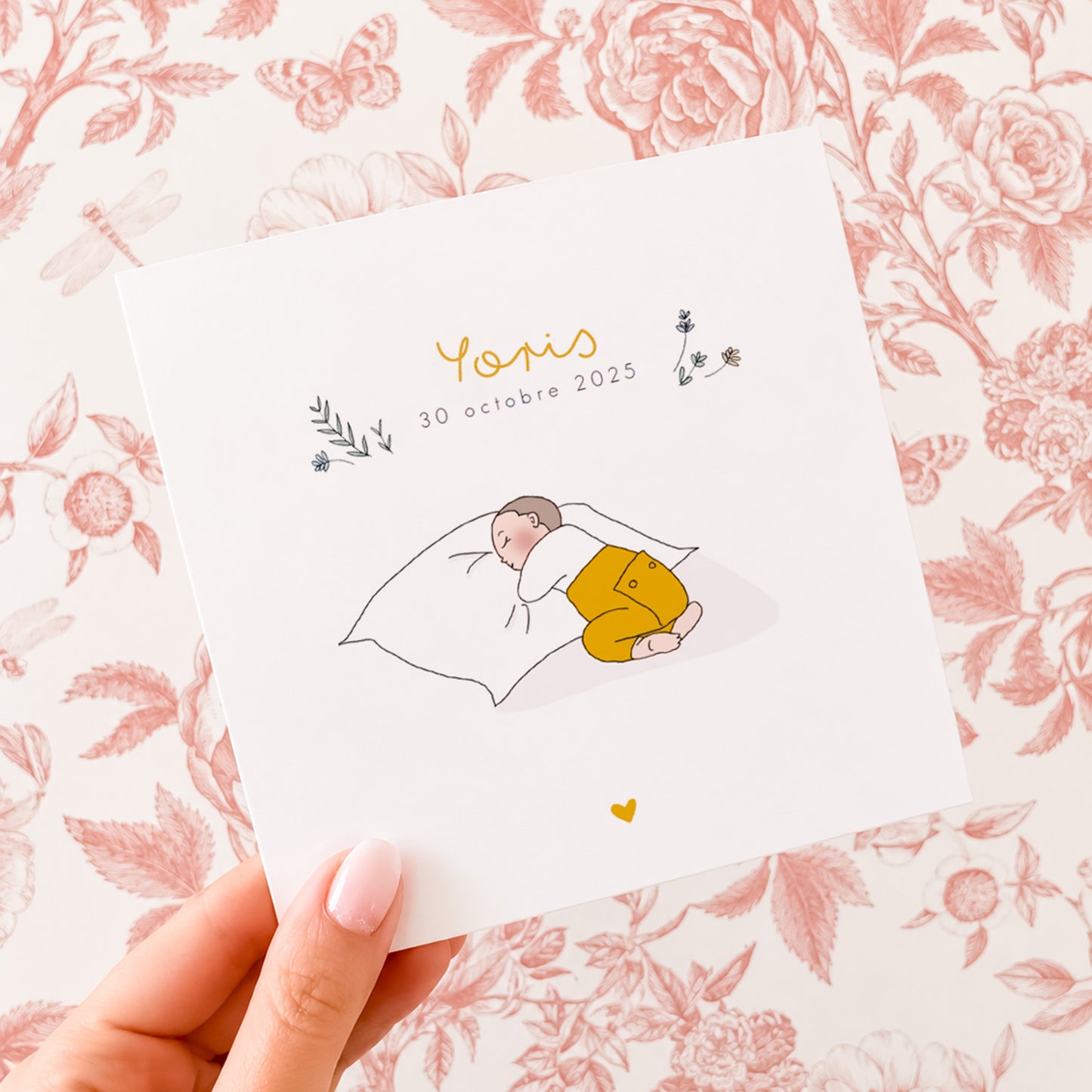 Faire-part de naissance bébé sur oreiller – Personnalisable