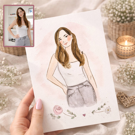 Portrait personnalisé à l’aquarelle – Format A5 – Portrait flash tête / buste d’après photo – Illustration faite main – 18€