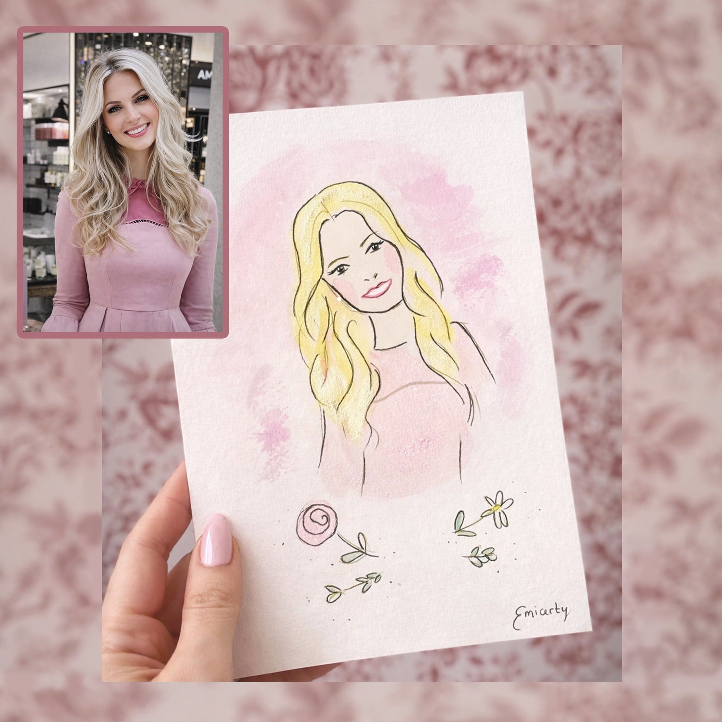 Portrait personnalisé à l’aquarelle – Format A5 – Portrait flash tête / buste d’après photo – Illustration faite main – 18€