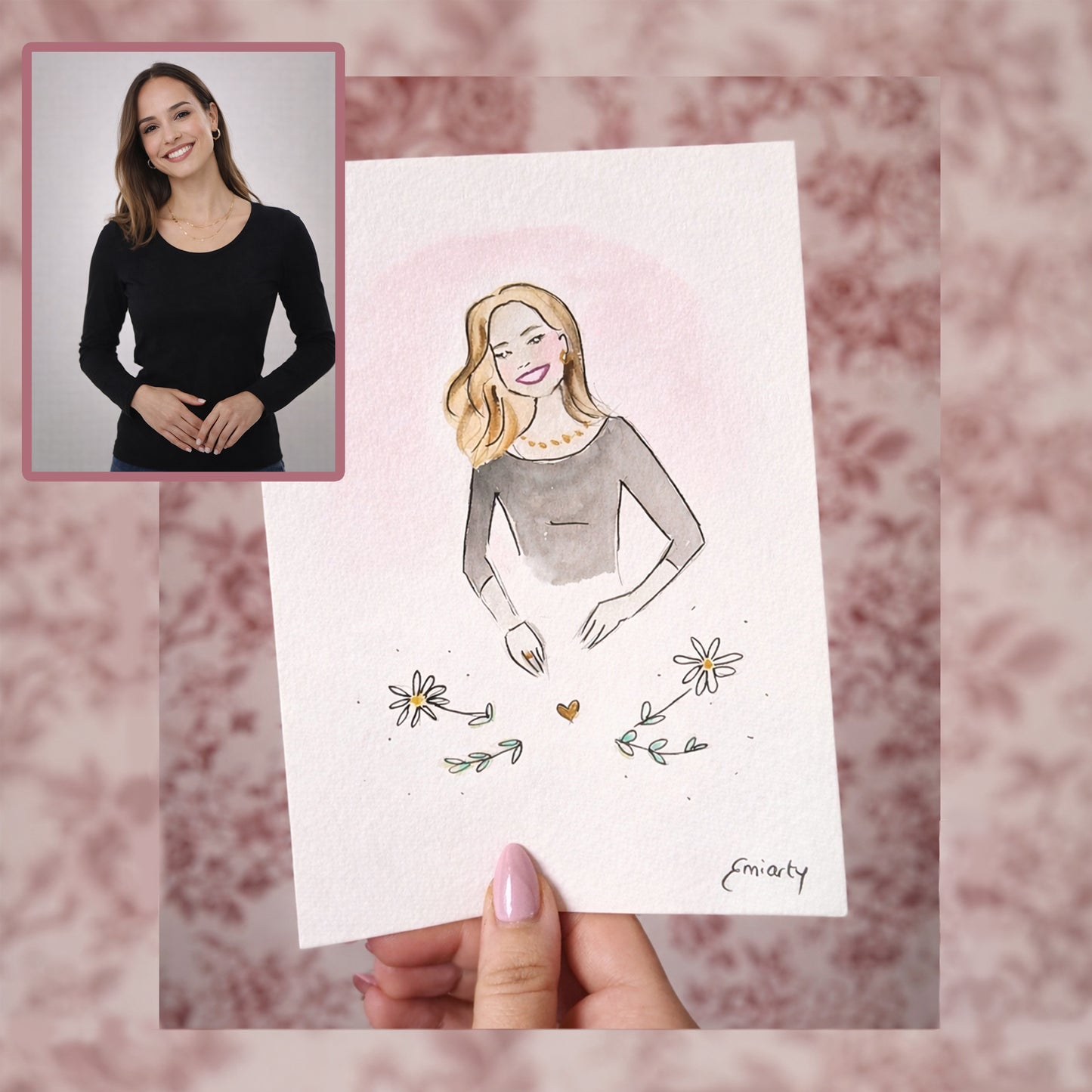 Portrait personnalisé à l’aquarelle – Format A5 – Portrait flash tête / buste d’après photo – Illustration faite main – 18€