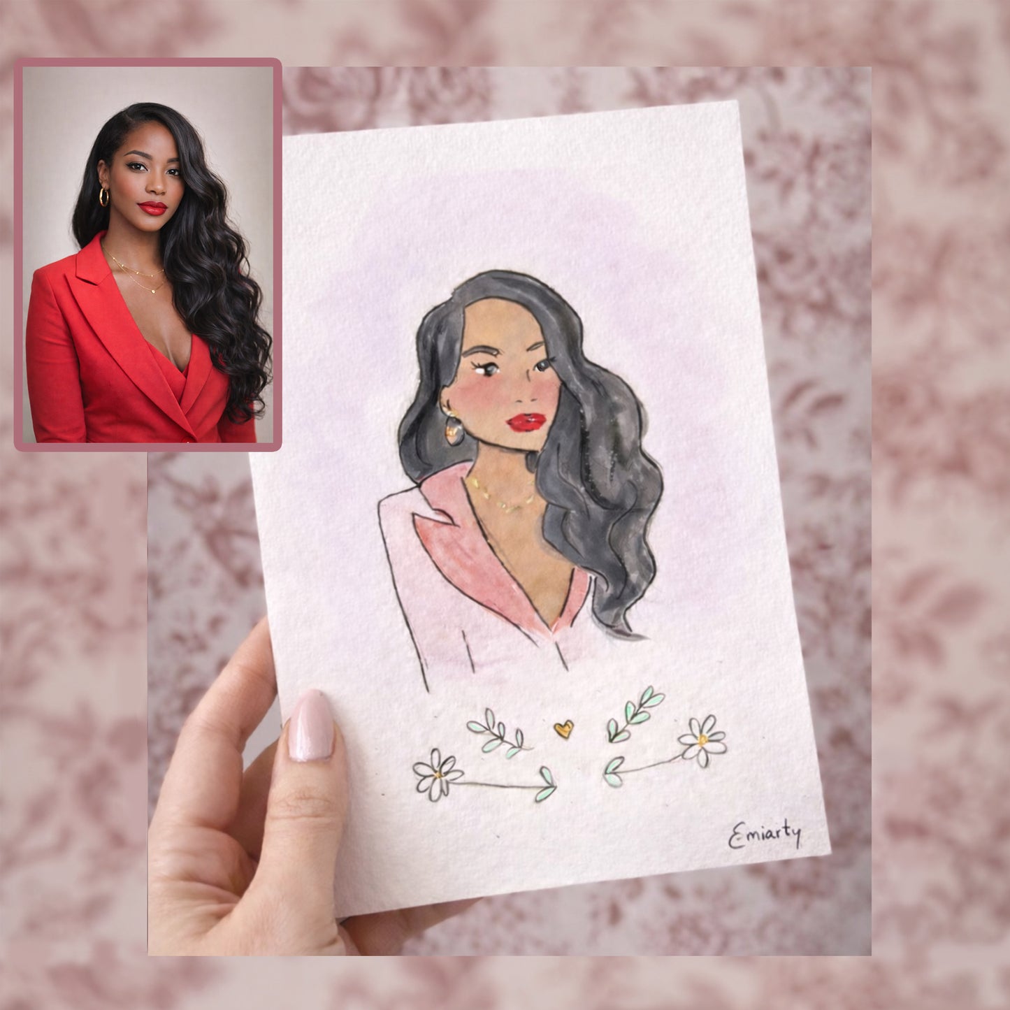 Portrait personnalisé à l’aquarelle – Format A5 – Portrait flash tête / buste d’après photo – Illustration faite main – 18€