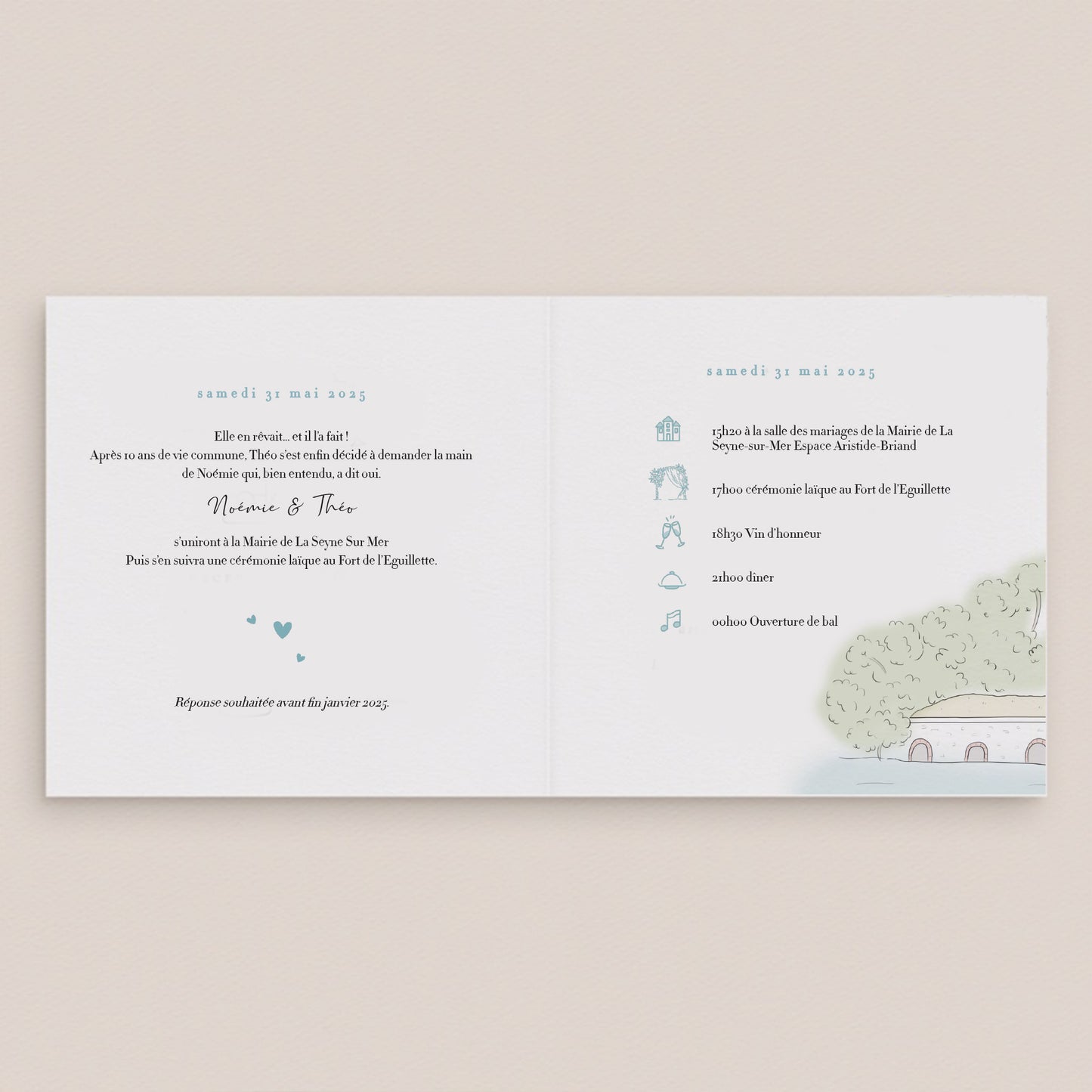Faire-part mariage unique en dessin personnalisé  – Illustration Unique 4 pages