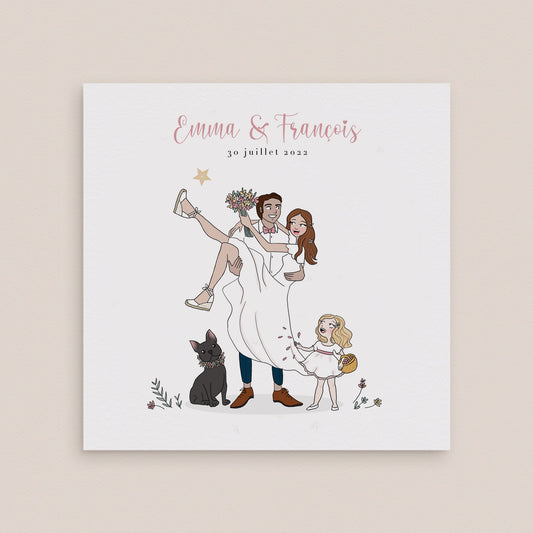 Faire-part mariage unique en dessin personnalisé  – Illustration Unique recto verso