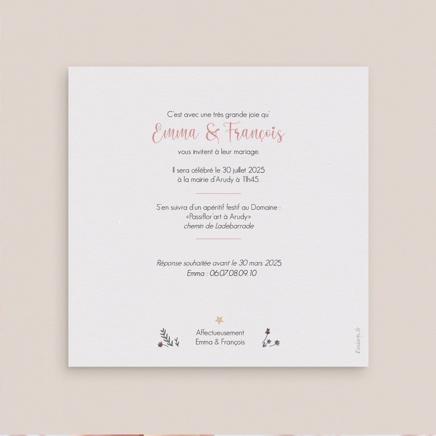 Faire-part mariage unique en dessin personnalisé  – Illustration Unique recto verso