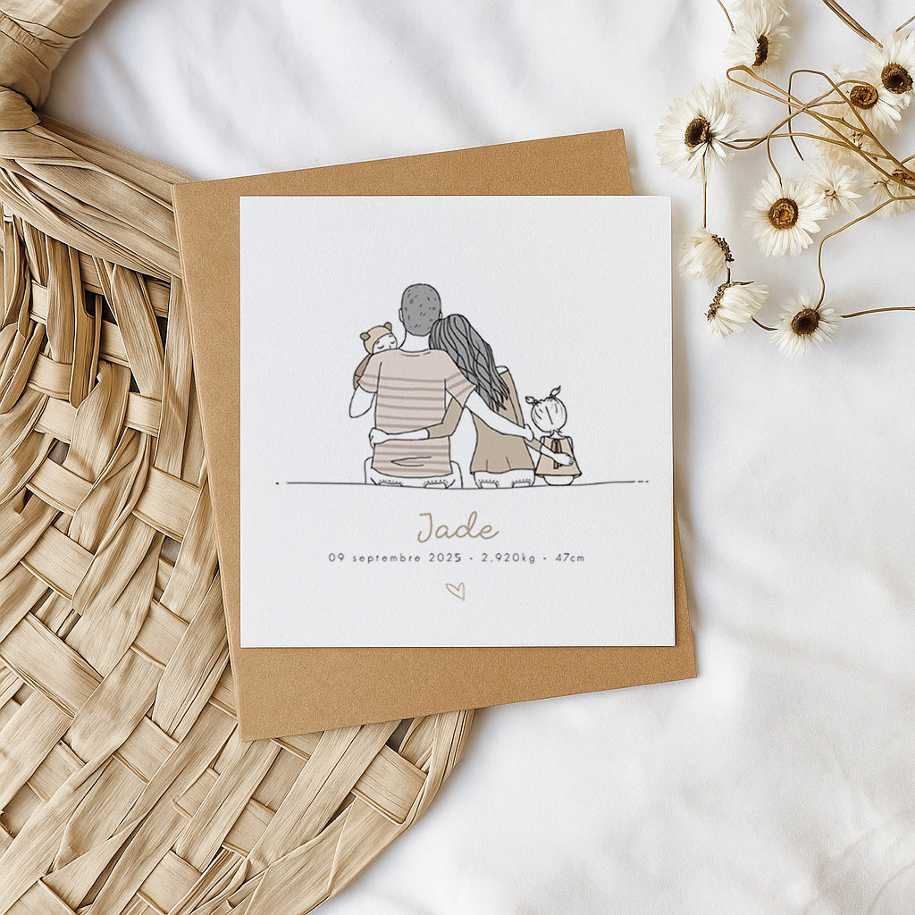 Faire-part de naissance personnalisé illustré – Famille de dos