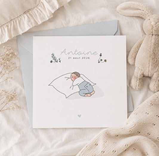 Faire-part de naissance bébé sur oreiller – Personnalisable