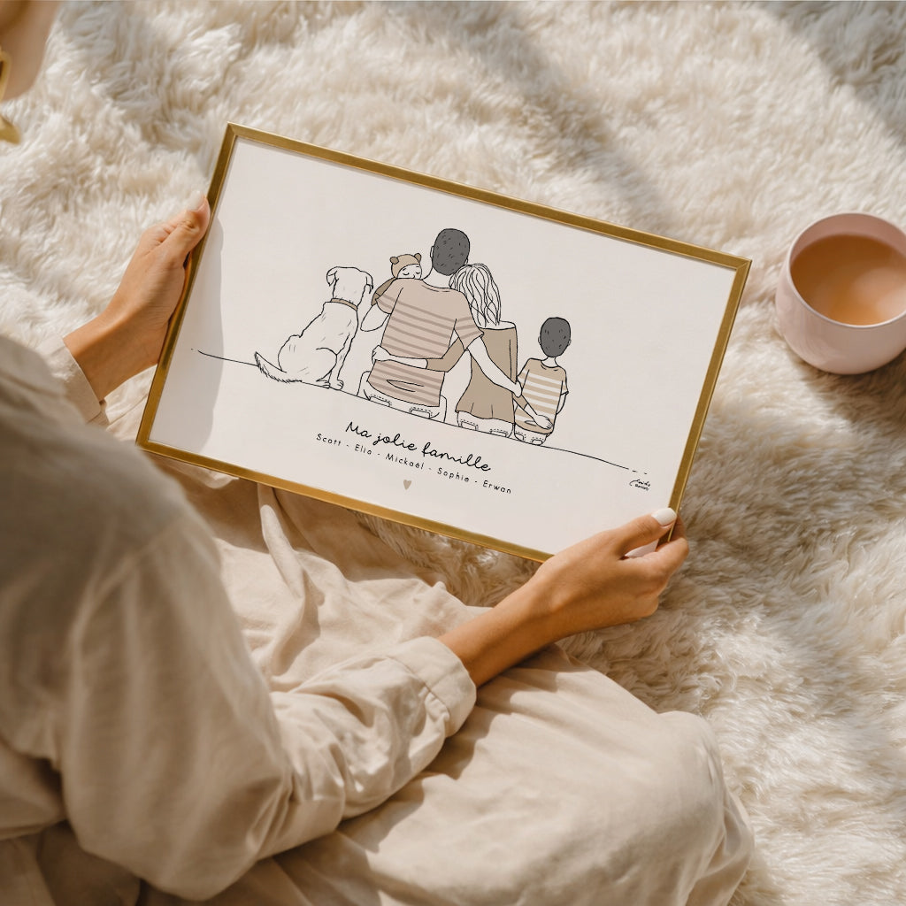 Affiche personnalisée famille de dos – Un souvenir de famille unique, illustré à la main